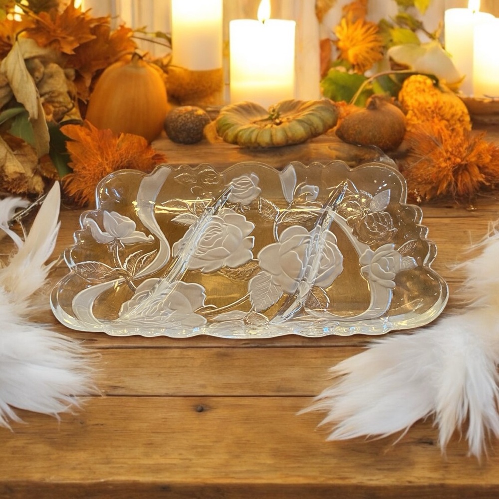Vintage Mikasa Studio Nova Winter Rose 3 Section Divided Glass Tray Platter